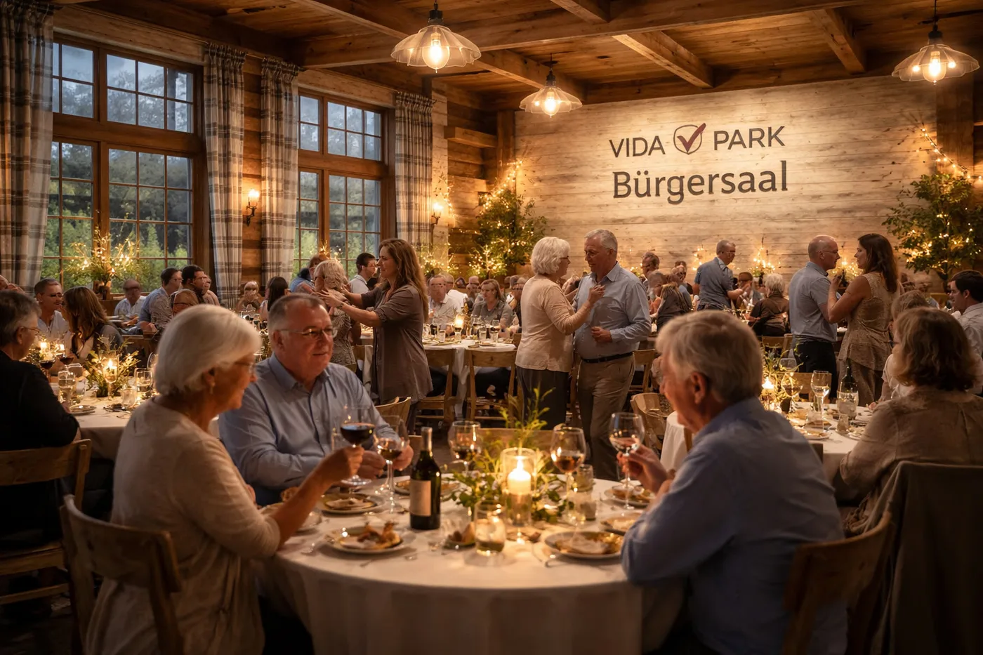 Warm beleuchteter VIDA-PARK Bürgersaal mit feiernden Gästen
